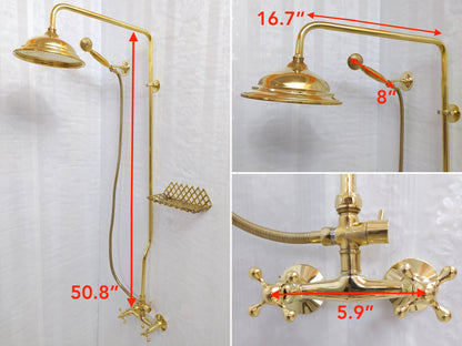 Antique Brass Shower System with Round Shower Head, Handheld Shower, and 3 Handles - Ref: ATLASS26