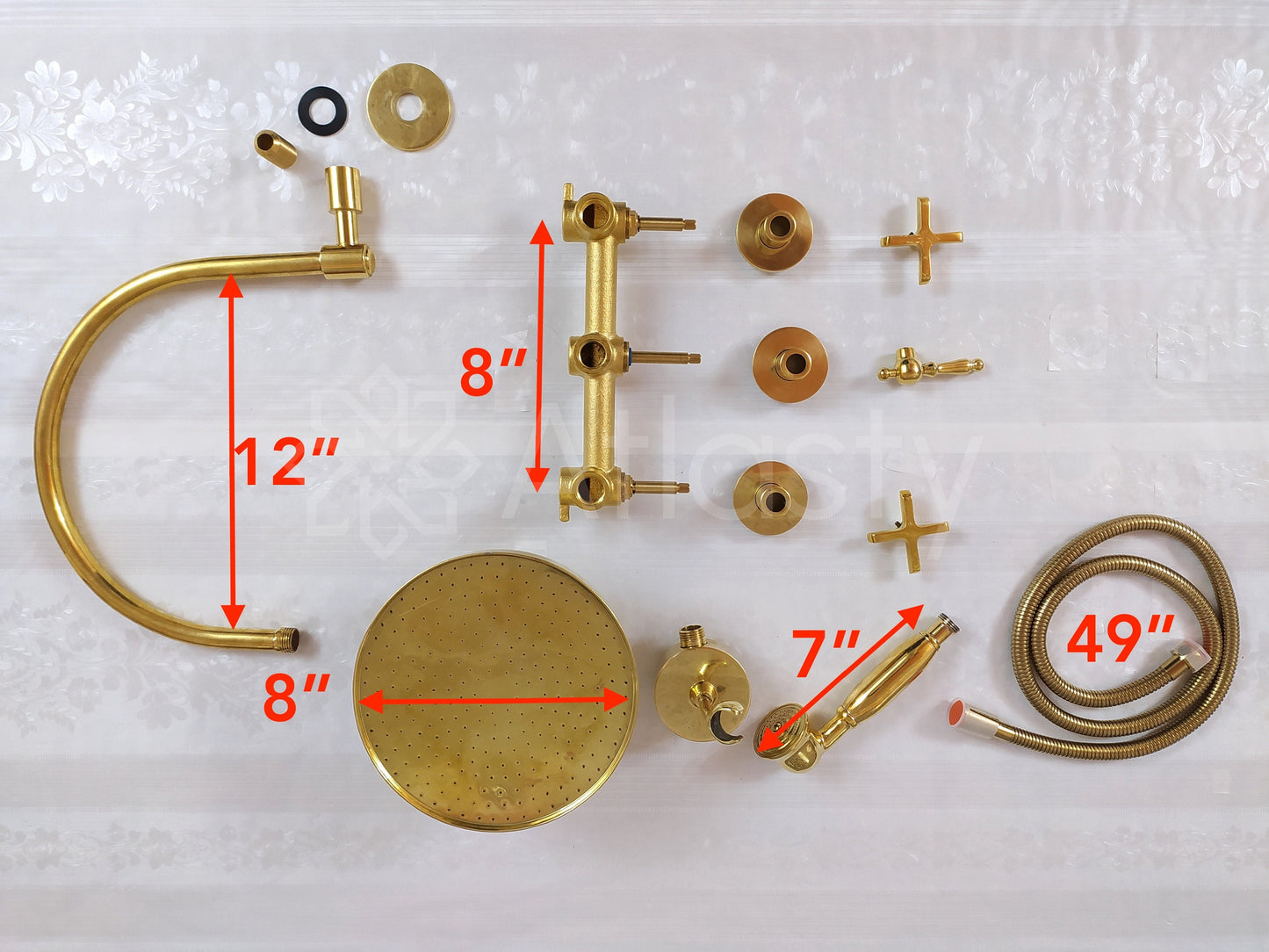 Système de douche en laiton antique avec pomme de douche, douche à main et 3 poignées - Réf : ATLASS18