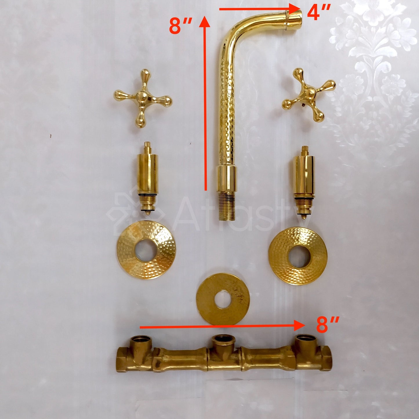 Grifo de baño de latón martillado sin lacar para montaje en pared - Grifo para lavabo de sobremesa con manijas en cruz o de palanca