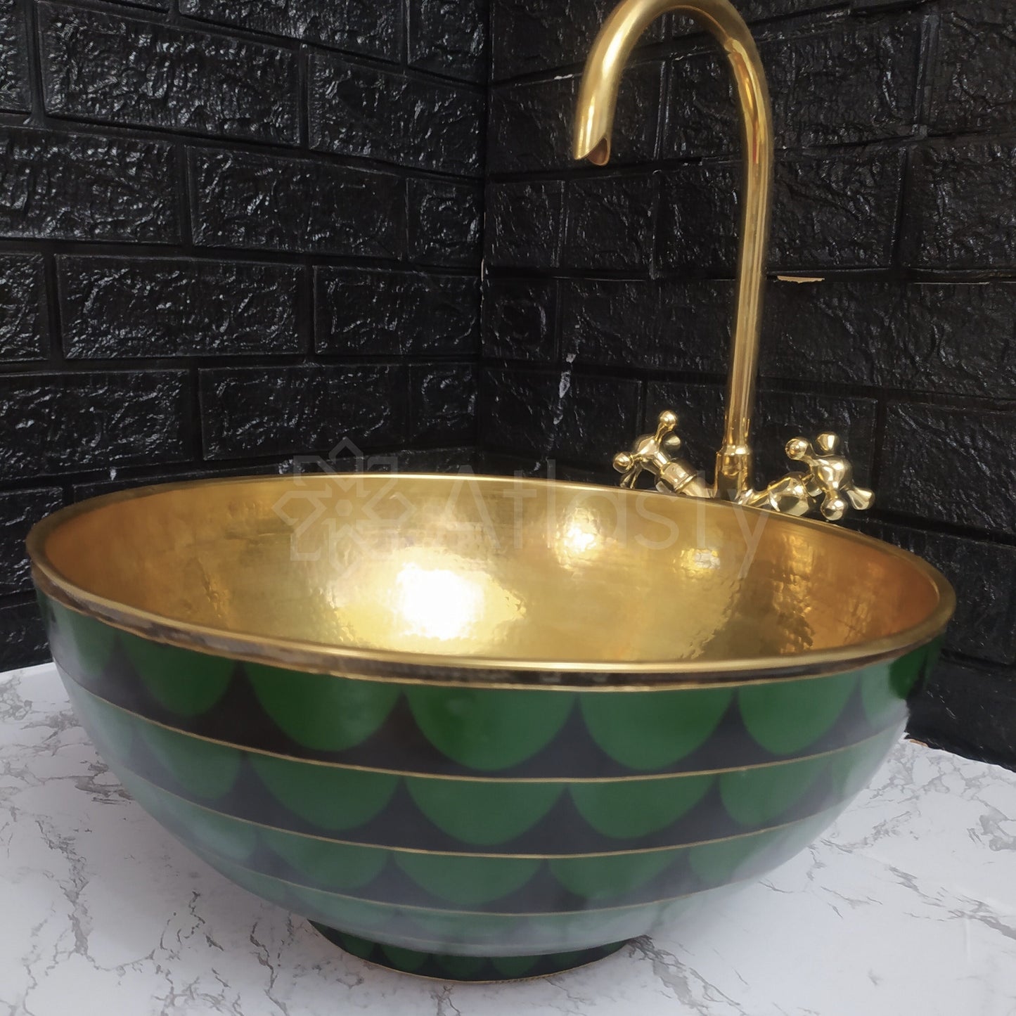 Lavabo de baño fabricado en latón y resina, diseño en negro y verde, lavabo de pedestal