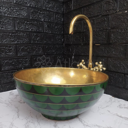 Lavabo de baño fabricado en latón y resina, diseño en negro y verde, lavabo de pedestal