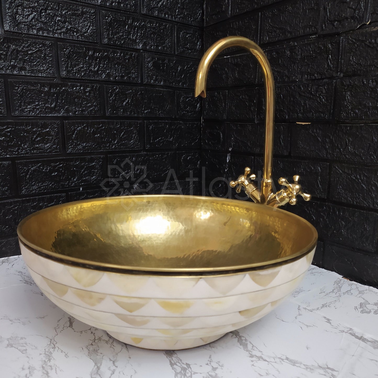 Lavabo de salle de bain en laiton et résine, motif blanc, vasque de salle de bain